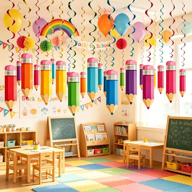 Back to School Hanging Swirls Colorful Crayon Ceiling Decor Party Hanging Decorations Nixie