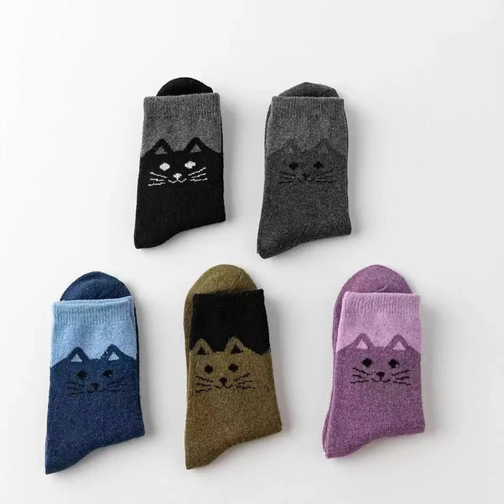 5 Pairs Women's Cotton Cartoon Cat Crew Socks | Mid-Calf Women's Crew Socks Nixie One Size 5 pairs