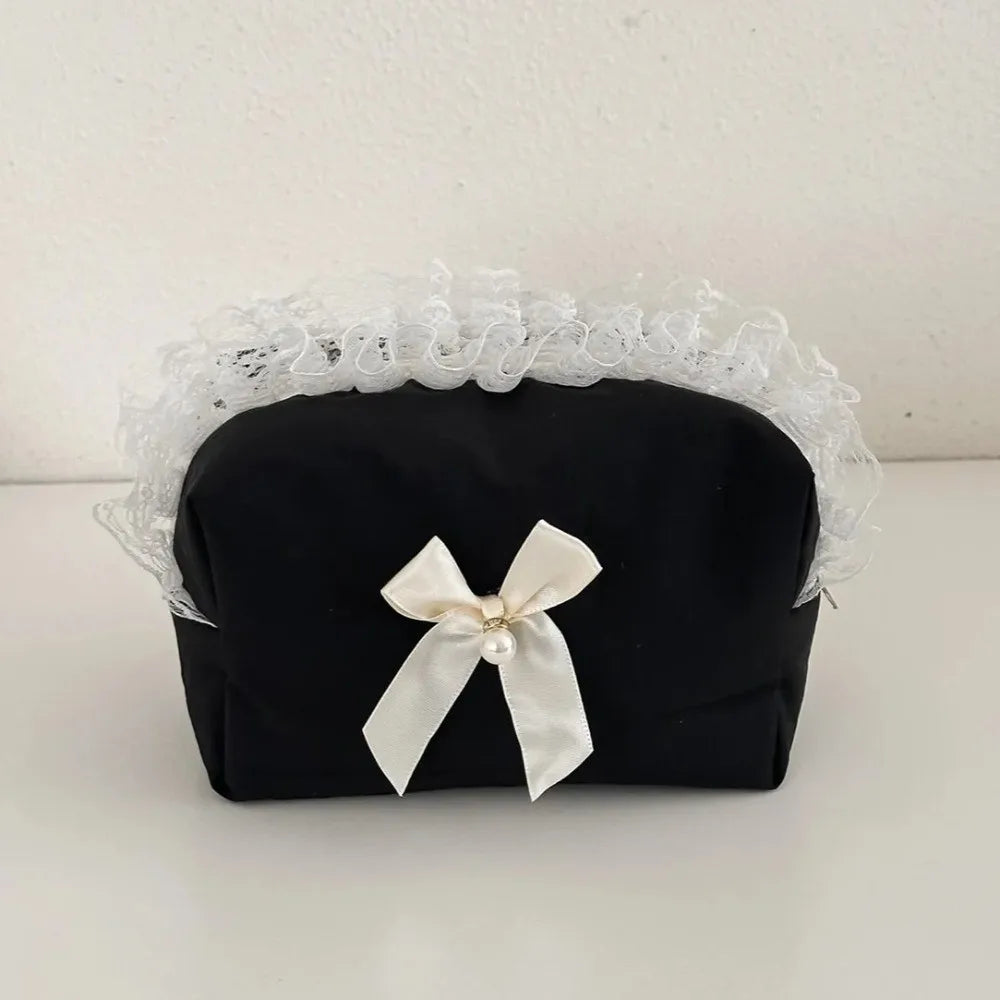 Lace Trim Makeup Bag Large Capacity Butterfly Knot Cosmetic Case Makeup Bag Nixie