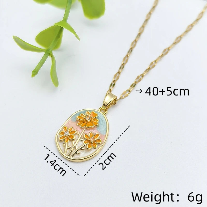 Vintage Copper Floral Pendant Necklace | Gold-Plated Zircon Pendant Necklace Nixie XL2112-3