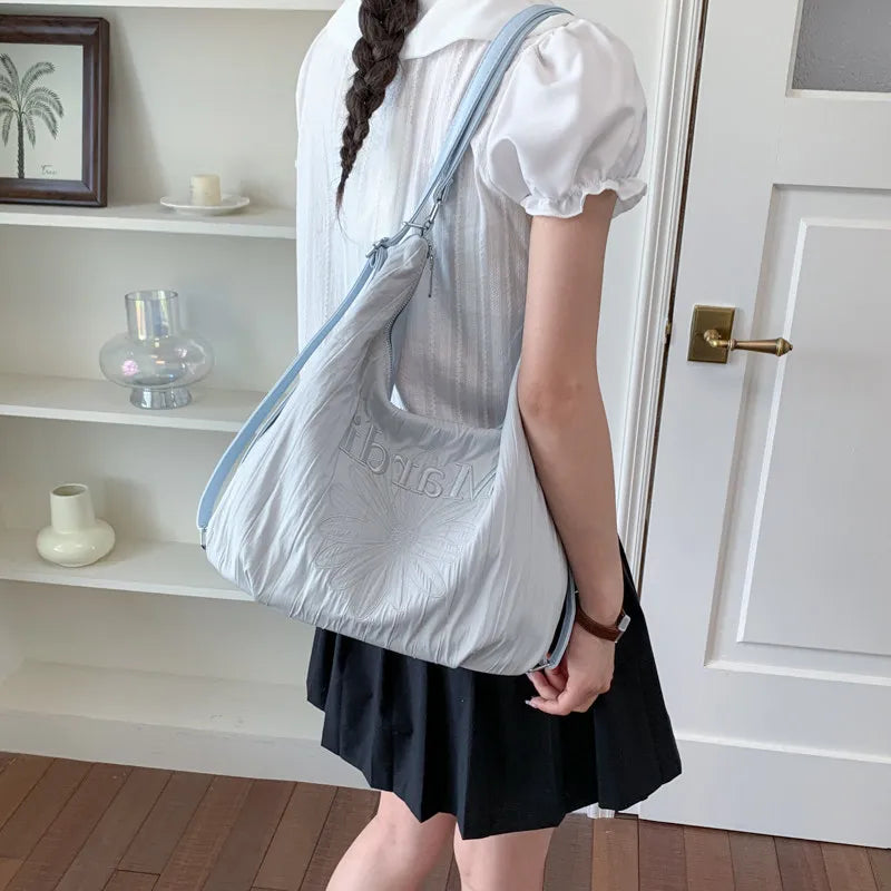 Korean Floral Embroidered Canvas Tote Bag | Large Shoulder Bag Canvas Tote Bag Nixie Blue