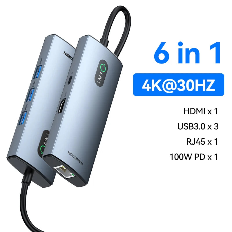 Rocoren 11-in-1 USB-C Hub PD 100W RJ45 SD Docking Station USB-C Docking Station Nixie 6 in 1hub