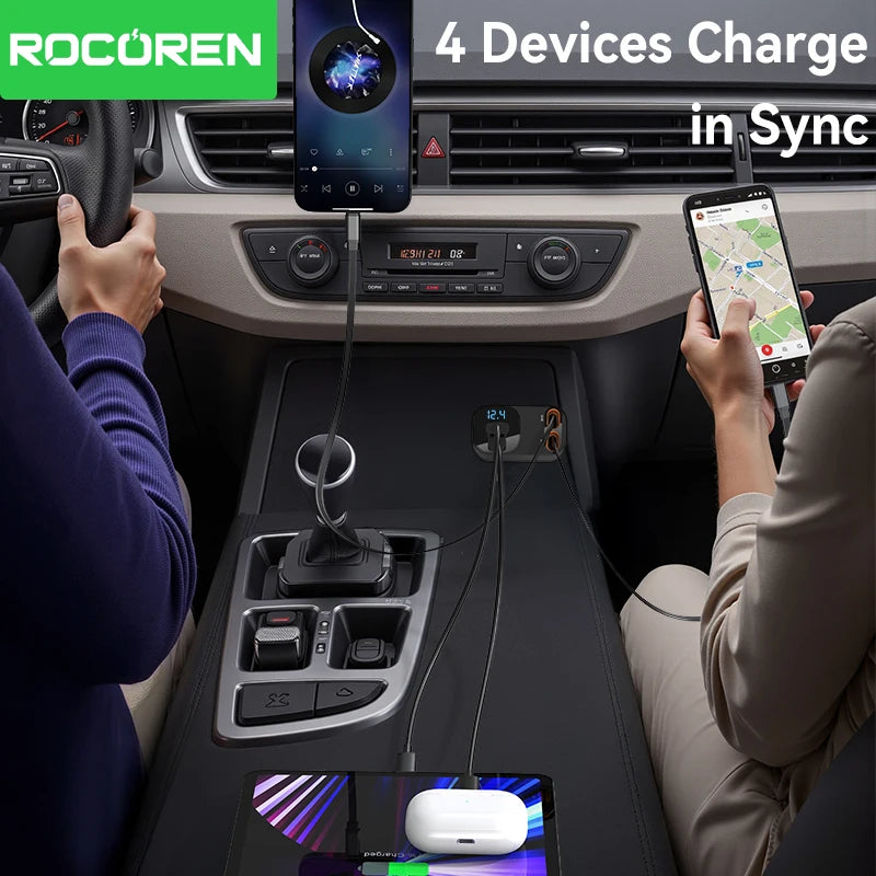Rocoren 4-in-1 PD 30W Car Charger – Digital Display & Retractable