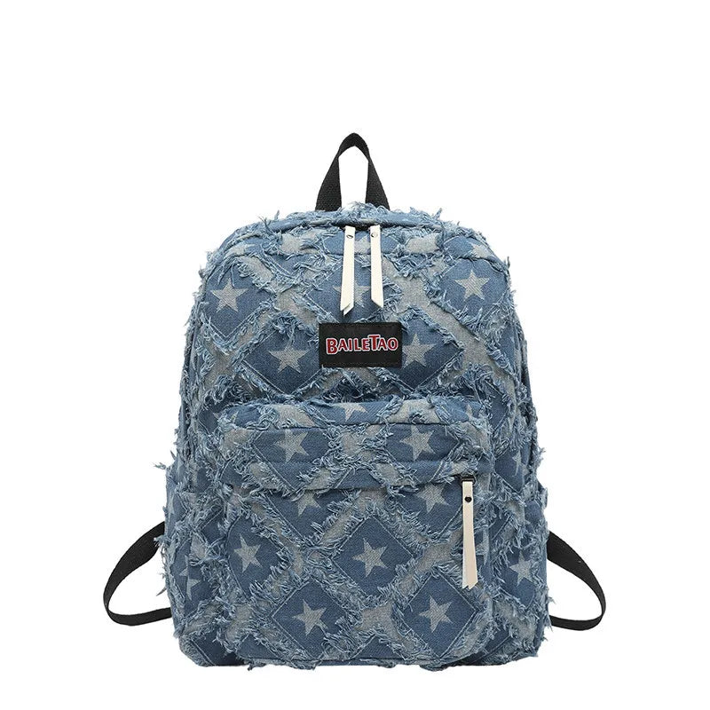 Vintage Star Denim Backpack with Tassel Fringe | Large Capacity Denim Backpack Nixie Blue
