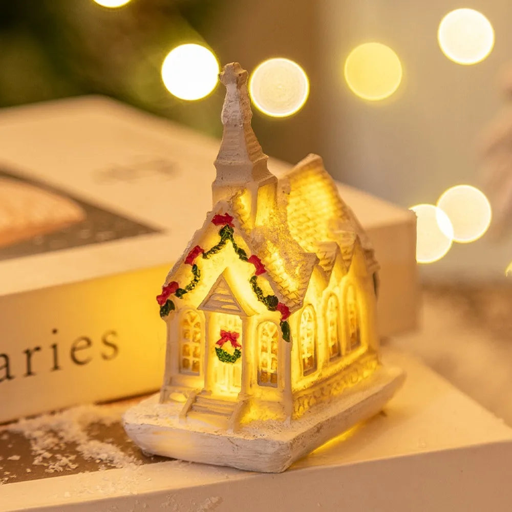 LED Miniature Christmas Village House Resin Ornament Decor Christmas Village Ornament Nixie White-White B