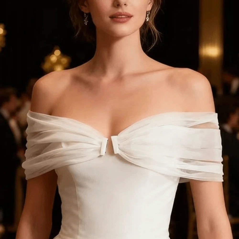 Off-Shoulder Sheer Chiffon Bridal Shawl & DIY Arm Straps Bridal Shawl Wrap Nixie White