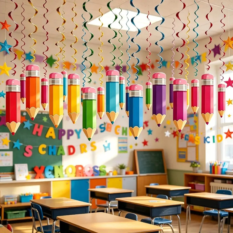 Back to School Hanging Swirls Colorful Crayon Ceiling Decor Party Hanging Decorations Nixie