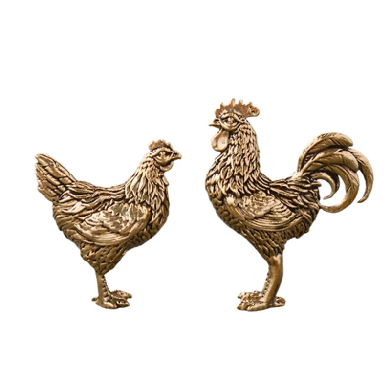 Solid Brass Rooster & Hen Miniature Statue Desk Ornament Miniature Figurine Nixie