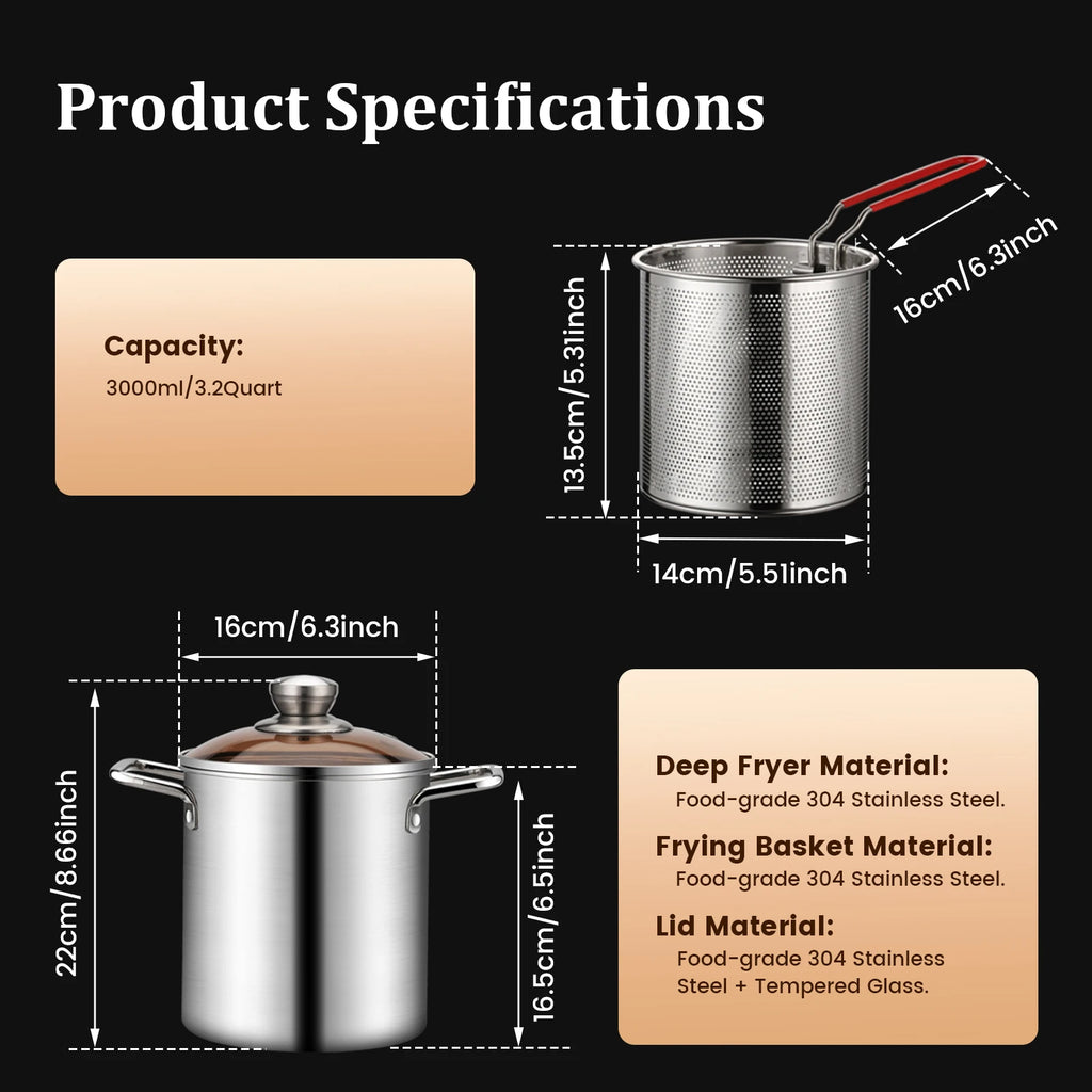 304 Stainless Steel Deep Frying Pot with Basket & Lid – 3.2 Qt Deep Fryer Pot Nixie