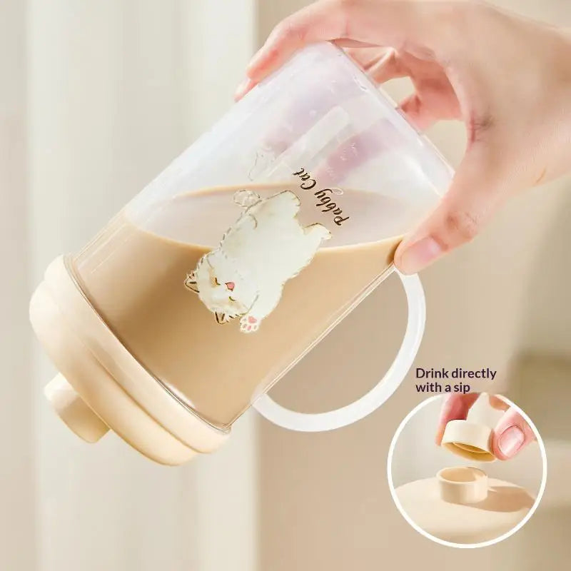 500ml BPA-Free Clear Cat Mug – Leakproof Lid & Volume Marks