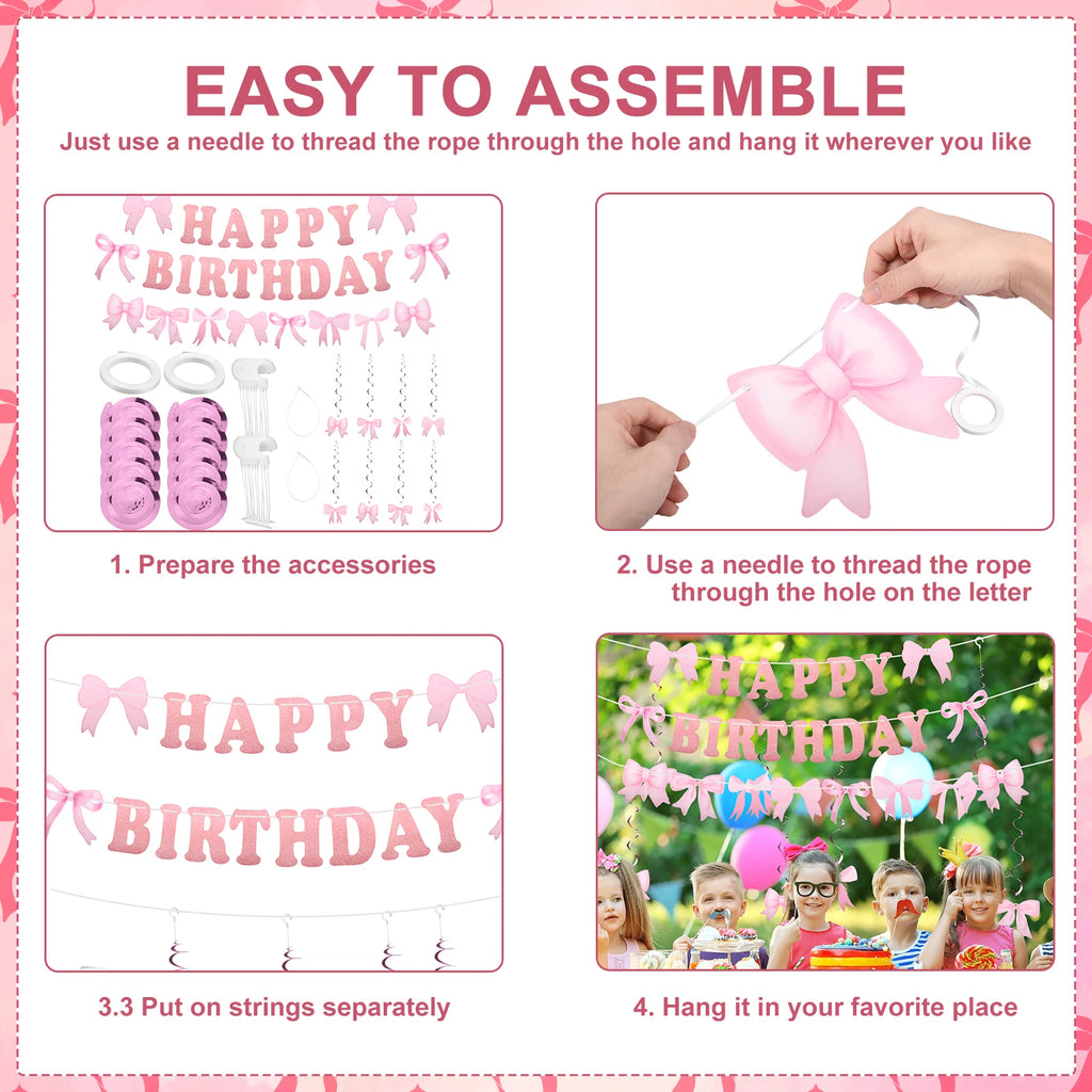 Pink Bow Happy Birthday Banner & Swirl Party Decoration Set Party Banner Set Nixie