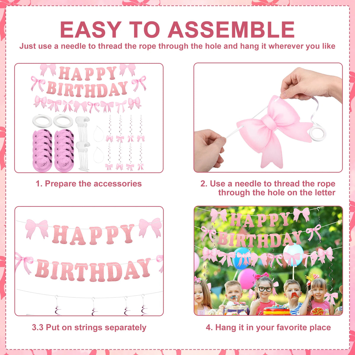 Pink Bow Happy Birthday Banner & Swirl Party Decoration Set Party Banner Set Nixie