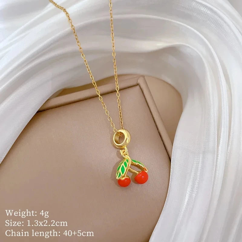 Green Leaf Cherry Pendant Choker Necklace | Stainless Steel Pendant Choker Necklace Nixie XL2606-282