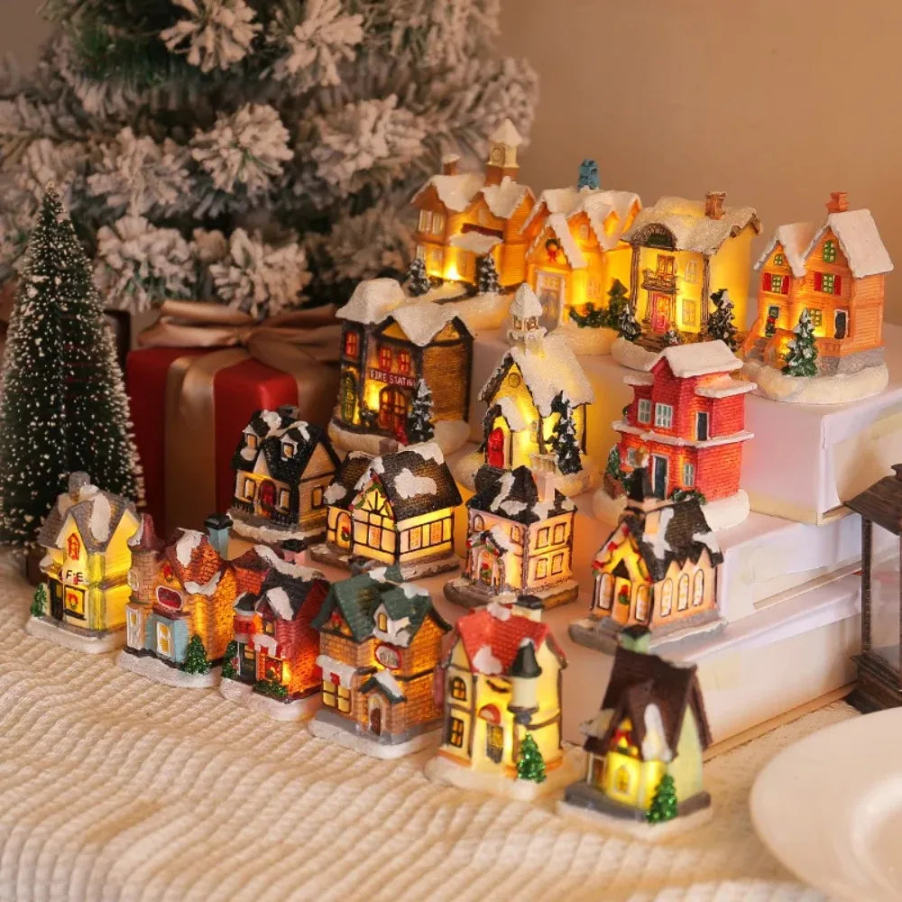LED Miniature Christmas Village House Resin Ornament Decor Christmas Village Ornament Nixie
