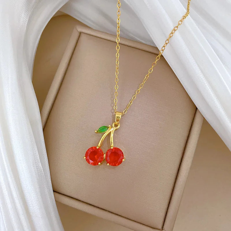Cherry Pendant Necklace | Gold Stainless Steel Clavicle Chain Pendant Necklace Nixie