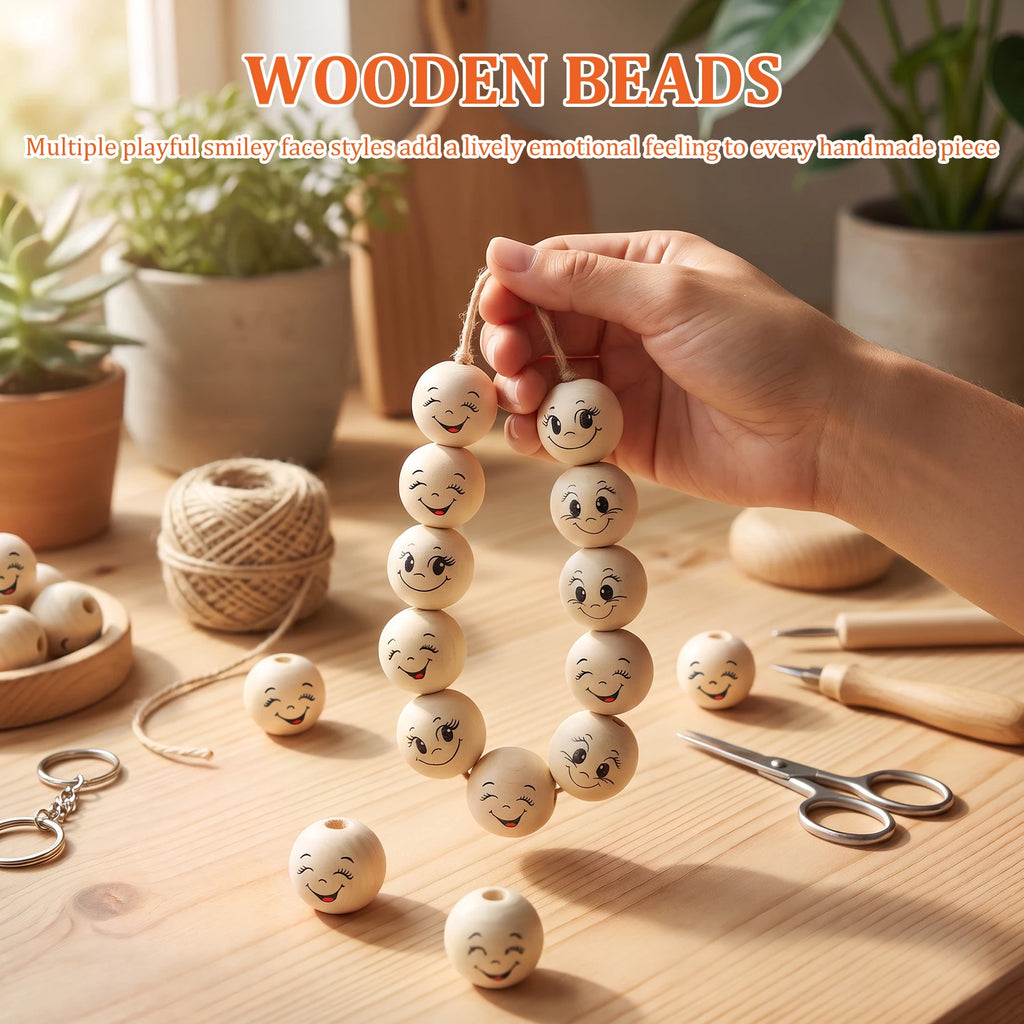 66Pcs Smiley Face Wooden Beads for DIY Jewelry & Crafts DIY Craft Beads Nixie