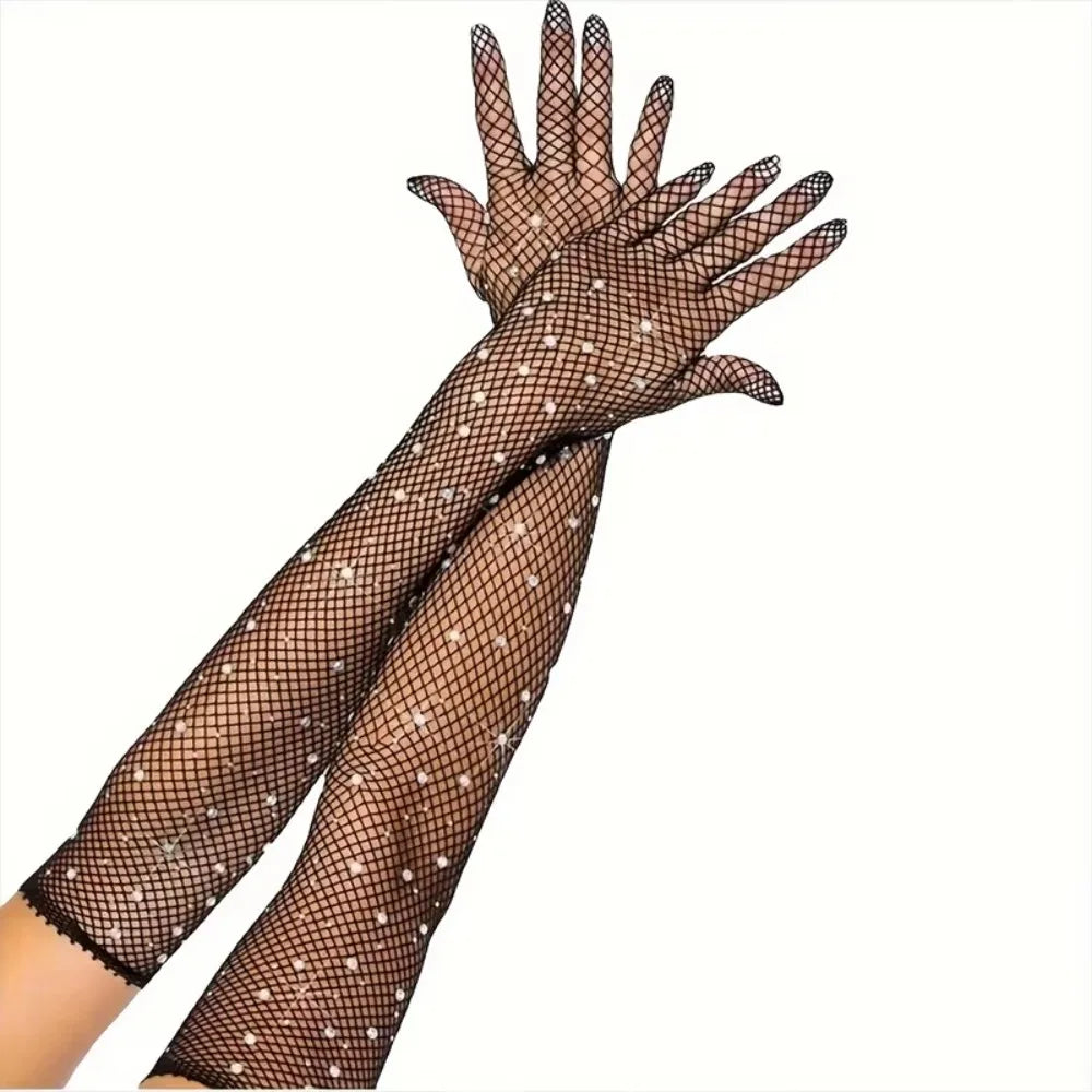 Glitter Rhinestone Fishnet Gloves Long Opera Punk Cosplay Mittens Costume Fashion Gloves Nixie