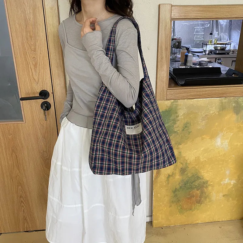 Women's Plaid Canvas Shoulder Bag | Large Capacity Korean Style Canvas Shoulder Bag Nixie Blue