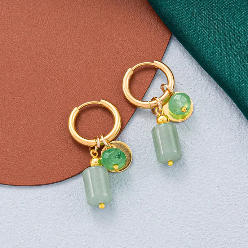 Nixie Green Stone Hoop Earrings | Vintage Steel Fashion Jewelry