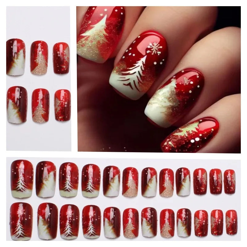 Christmas Snowflake Press On Nails 24pcs Red Gold Festive Press On Nails Nixie 24pcs