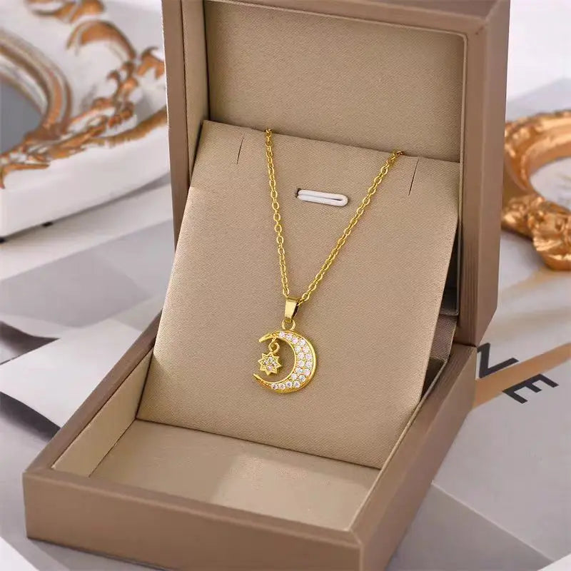 Star & Moon Zirconia Copper Pendant Necklace | Women's Gift