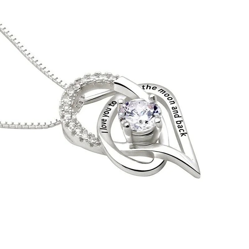 Silver "I Love You to the Moon" Heart CZ Pendant Necklace Pendant Necklace Nixie