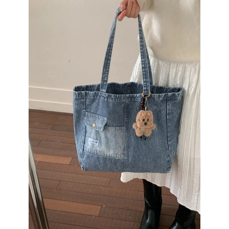 Nixie Korean Striped Denim Tote – Large Canvas Shoulder Bag Denim Canvas Tote Bag Nixie