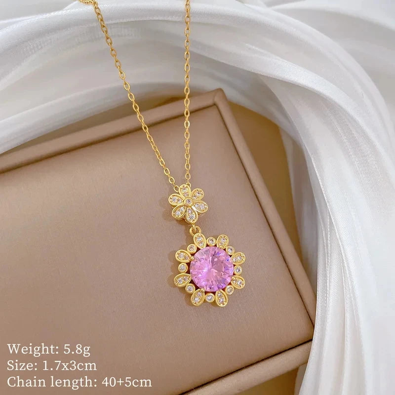 Pink Flower Zircon Pendant Necklace – Gold Plated for Women Pendant Necklace Nixie XL2606-817