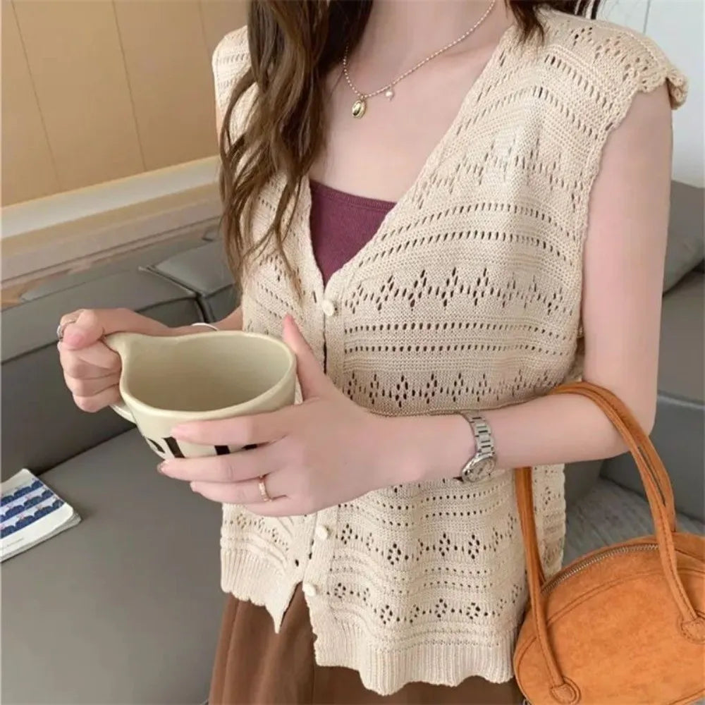 Women's Hollow Knit Sleeveless V-Neck Cardigan Sun-Proof Top Knit Sleeveless Cardigan Nixie