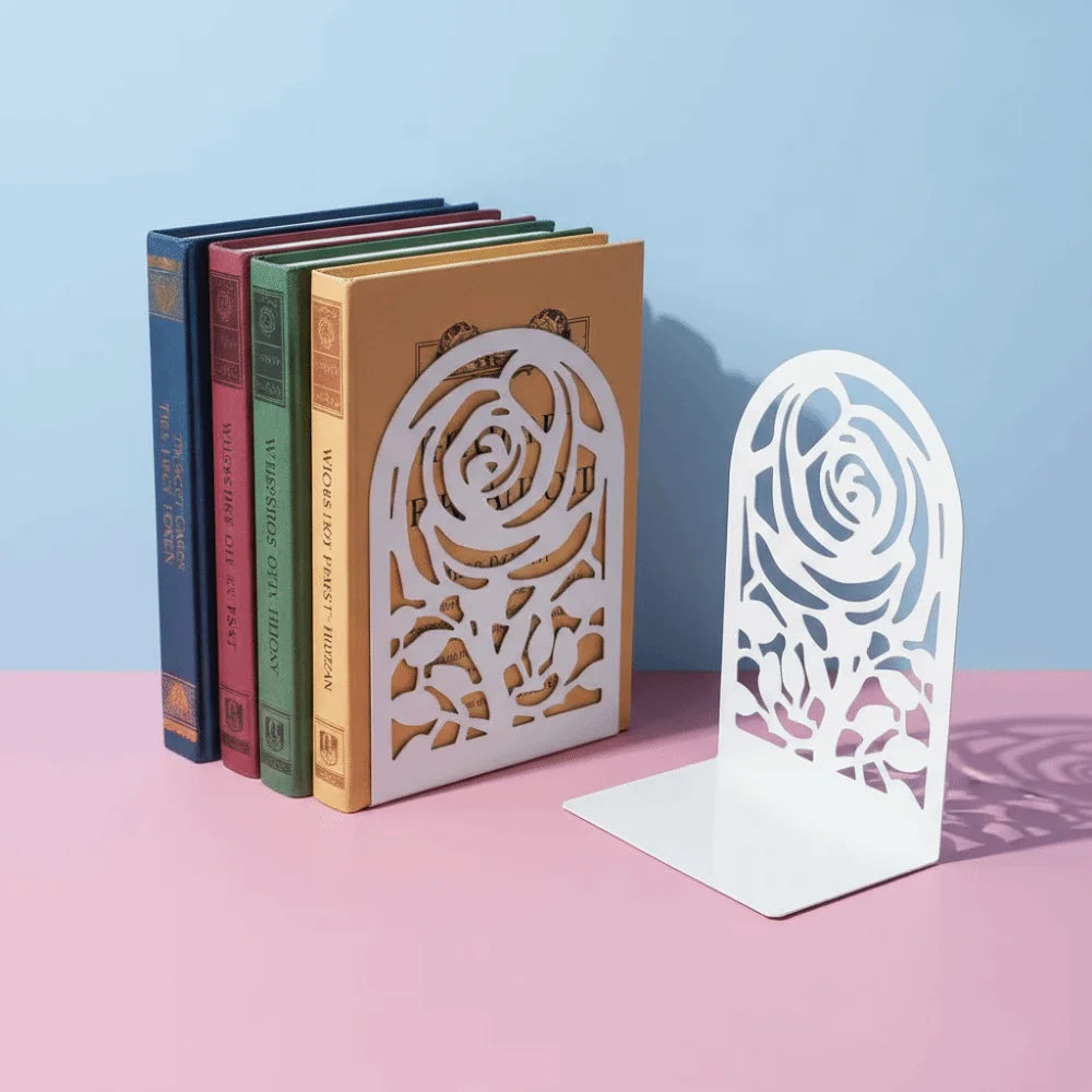 2Pcs Metal Rose Hollow Bookends – Decorative White Book Ends Decorative Bookends Nixie