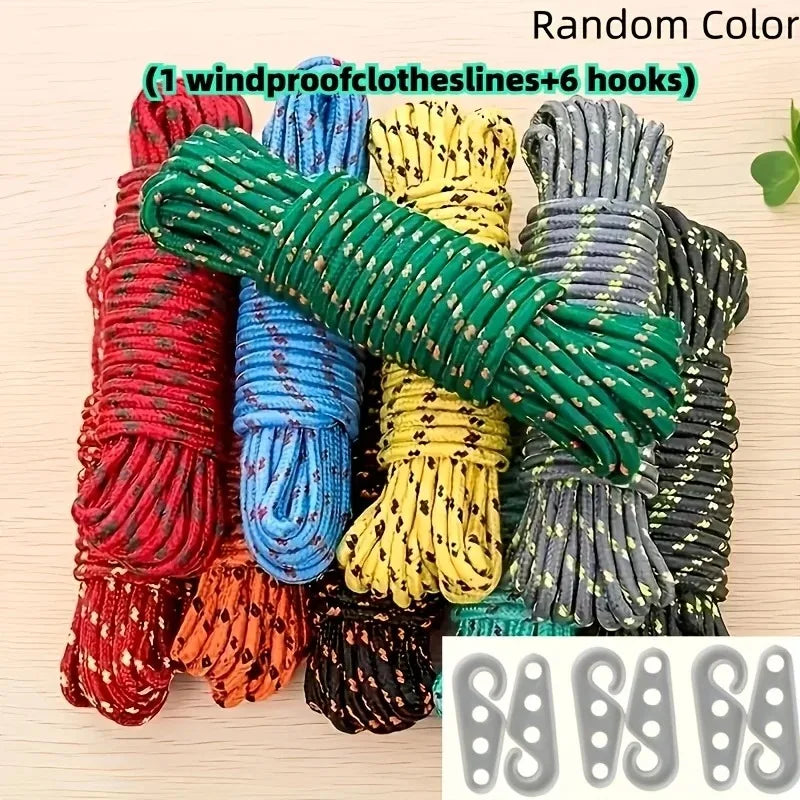 7-Piece Nylon Clothesline Kit – 10M Rope & 6 Hooks Indoor/Outdoor Rope & Hook Kit Nixie