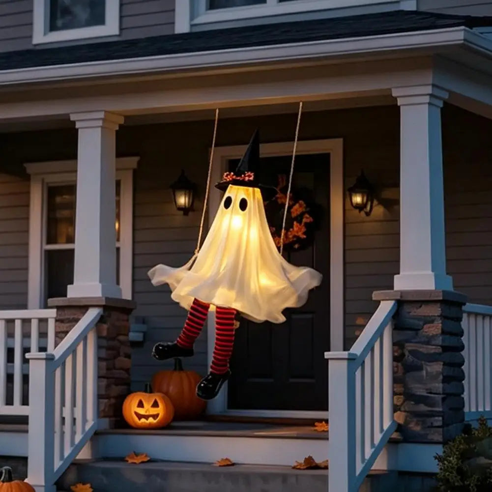 Halloween Glowing Swinging Ghost Decoration with Witch Hat