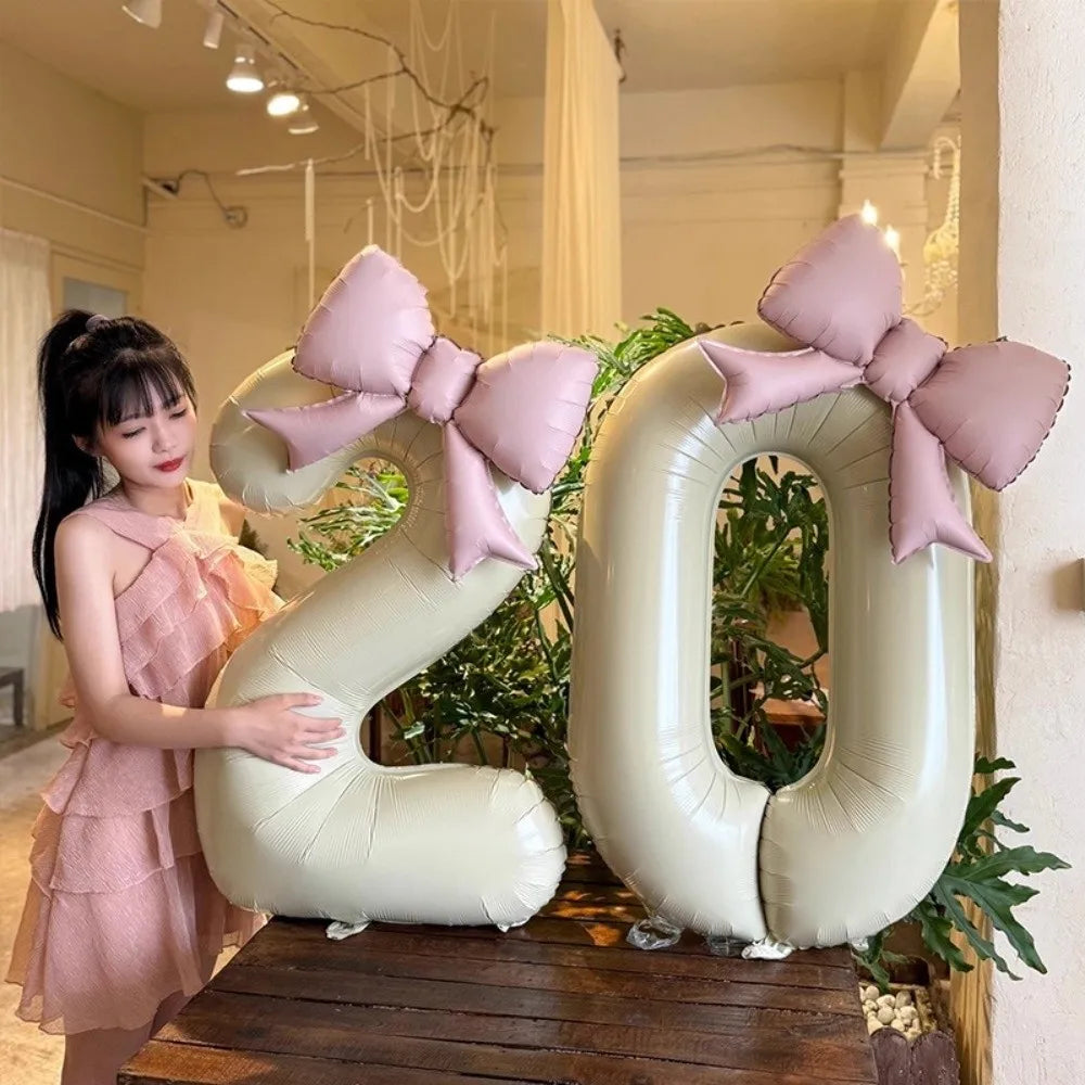 40" Cream White Number Foil Balloon with Pink Bow | Party Decor