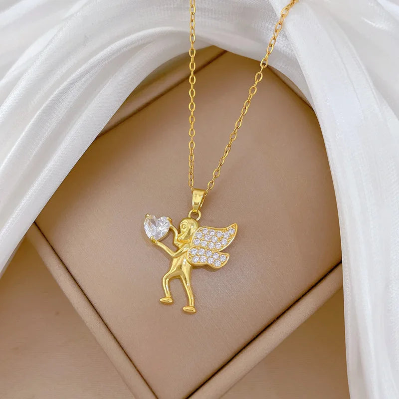 Cupid Pendant Necklace Women | Gold Stainless Steel Chain Pendant Necklace Nixie