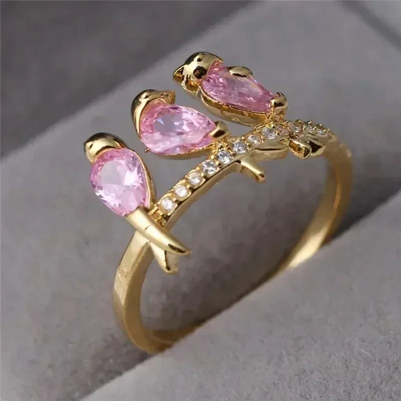 Pink Bird Crystal Mood Tracker Ring – Punk Zinc Alloy, Sz 6–10 Fashion Ring Nixie