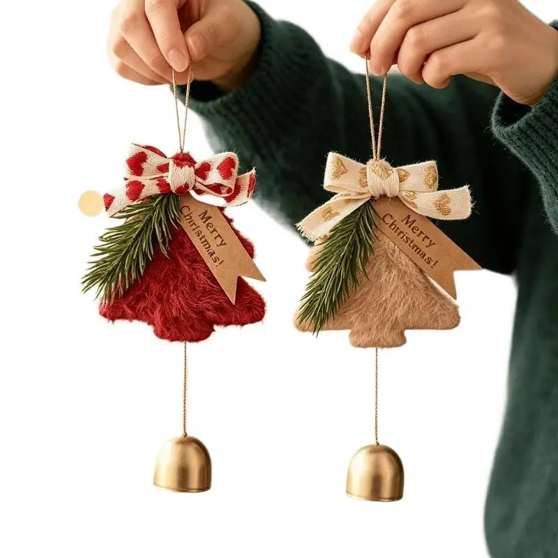 Plush Christmas Tree Ornament with Bow & Brass Bell | Xmas Decor Christmas Ornament Nixie