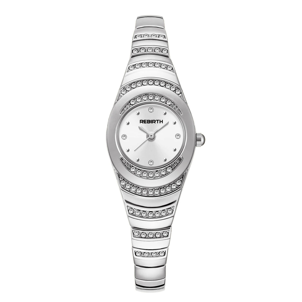 REBIRTH Vintage Oval Diamond Women's Quartz Watch | Steel Band Women's Quartz Watch Nixie Silver