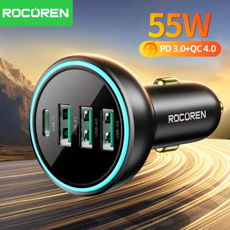 Rocoren 55W 4-in-1 USB-C Car Charger – PD & QC4.0 Fast Charge USB-C Car Charger Nixie