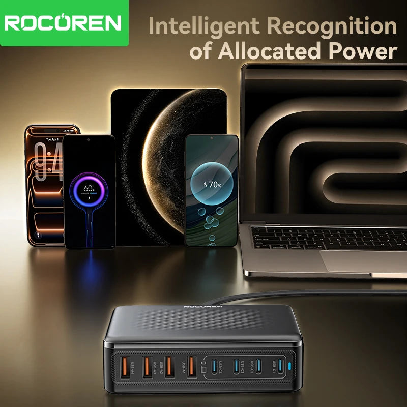 Rocoren 200W GaN 8-in-1 Desktop USB-C Fast Charging Station GaN Desktop Charger Nixie