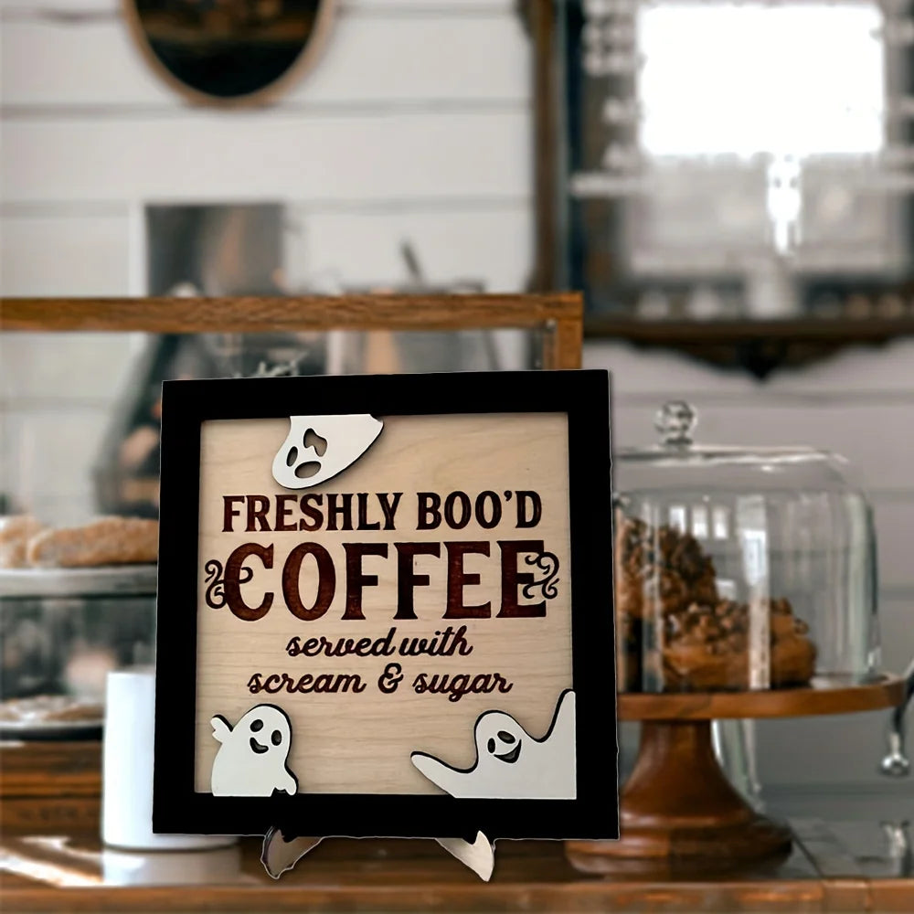 3D Wooden "Fresh Boo Coffee" Halloween Sign | Ghost Décor Halloween Wood Sign Nixie Coffee ornaments