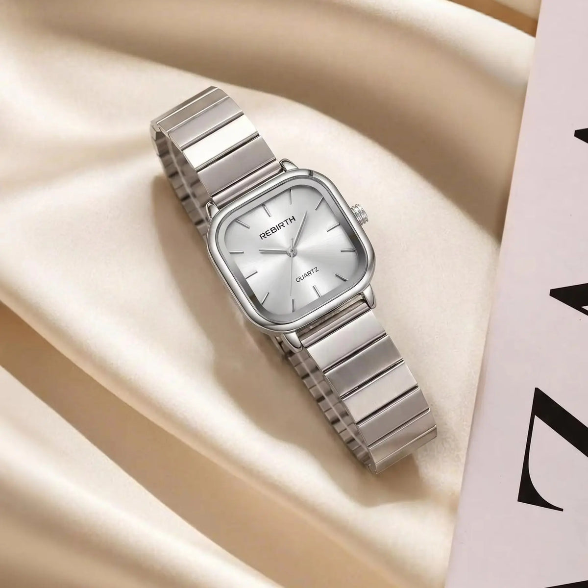 REBIRTH Quartz Watch Roman Numeral Square Dial Stainless Steel Quartz Wristwatch Nixie