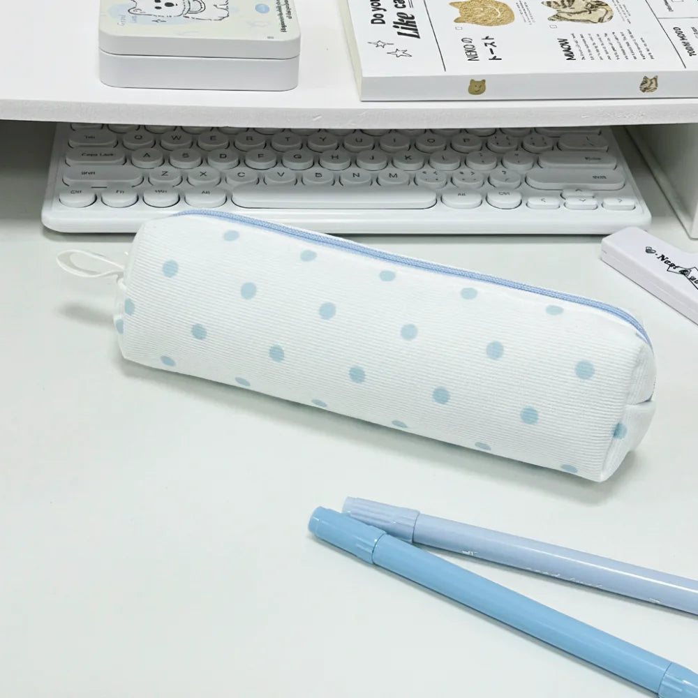 Cream Polka Dot Pencil Case – Large Capacity Stationery Pouch