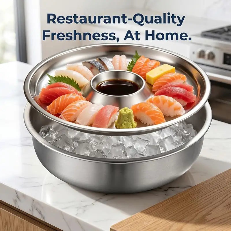 Stainless Steel Sashimi Ice Plate with Dipping Dish Sashimi Ice Serving Tray Nixie