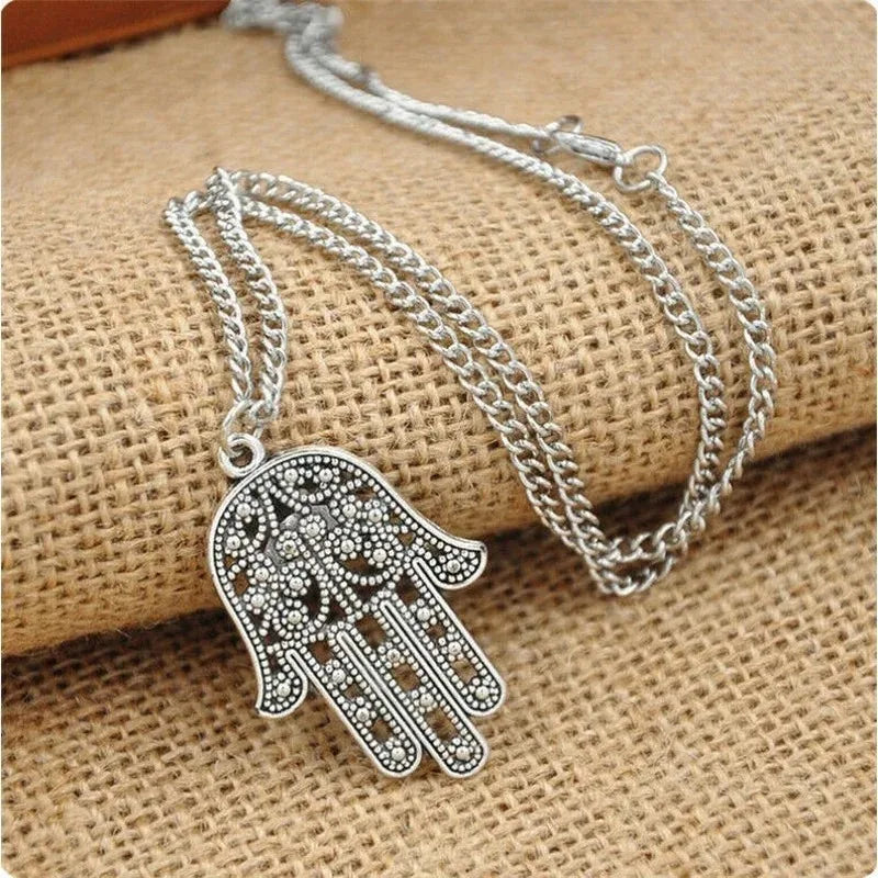 Vintage Silver Hamsa Hand of Fatima Evil Eye Pendant Necklace Pendant Necklace Nixie