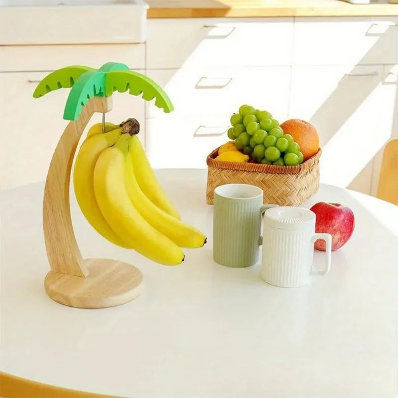 Wooden Banana Holder Fruit Shelf with Decorative Faux Leaves