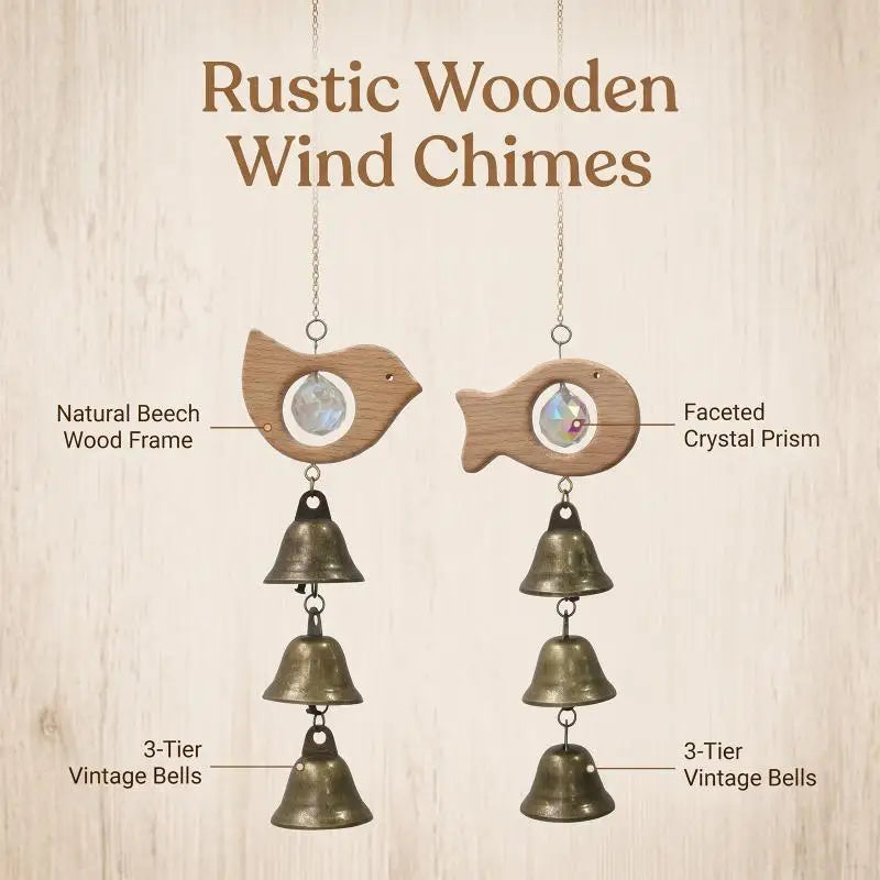 Wooden Fish & Bird Wind Chime – Crystal & Brass Bell Décor Decorative Wind Chime Nixie
