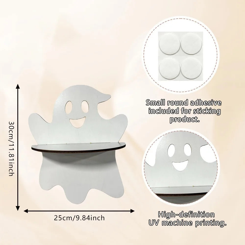 Halloween Floating Wall Shelf – Gothic Ghost & Bat Wood Décor