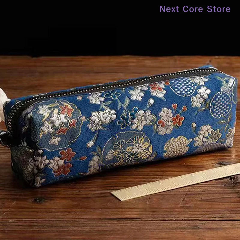 Vintage Embroidery Pencil Case Large Capacity Cotton Linen Pouch Embroidery Pencil Case Nixie