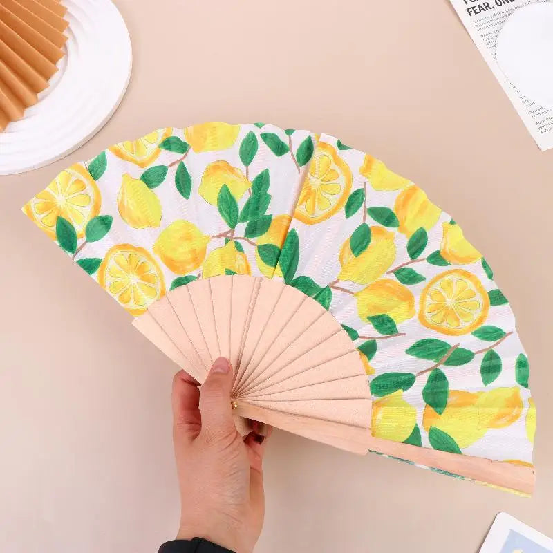 Lemon Print Folding Hand Fan – Bamboo & Fabric, 22.5cm Folding Hand Fan Nixie
