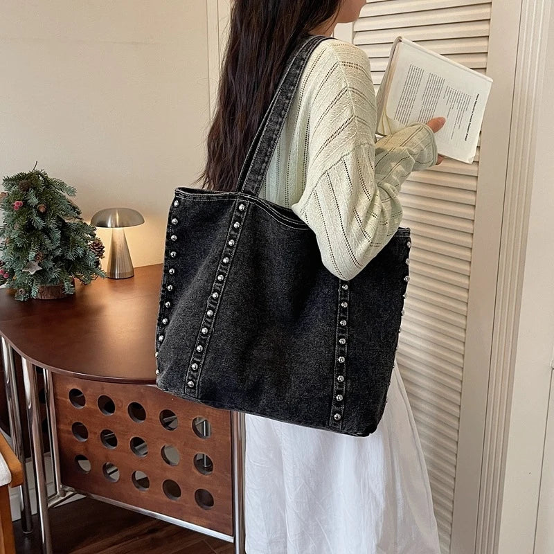 Retro Rivet Denim Shoulder Bag Large Capacity Women's Tote Shoulder Tote Bag Nixie